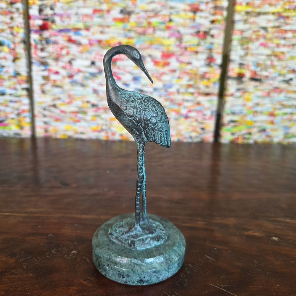 Vintage Bronze Heron Crane Figurine Sculpture on Green Marble Base Verdigris